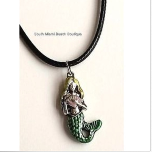 Mermaid Charm Necklace Nautical Island Beach Enamel Pendant Black Cord 18" - Picture 2 of 8